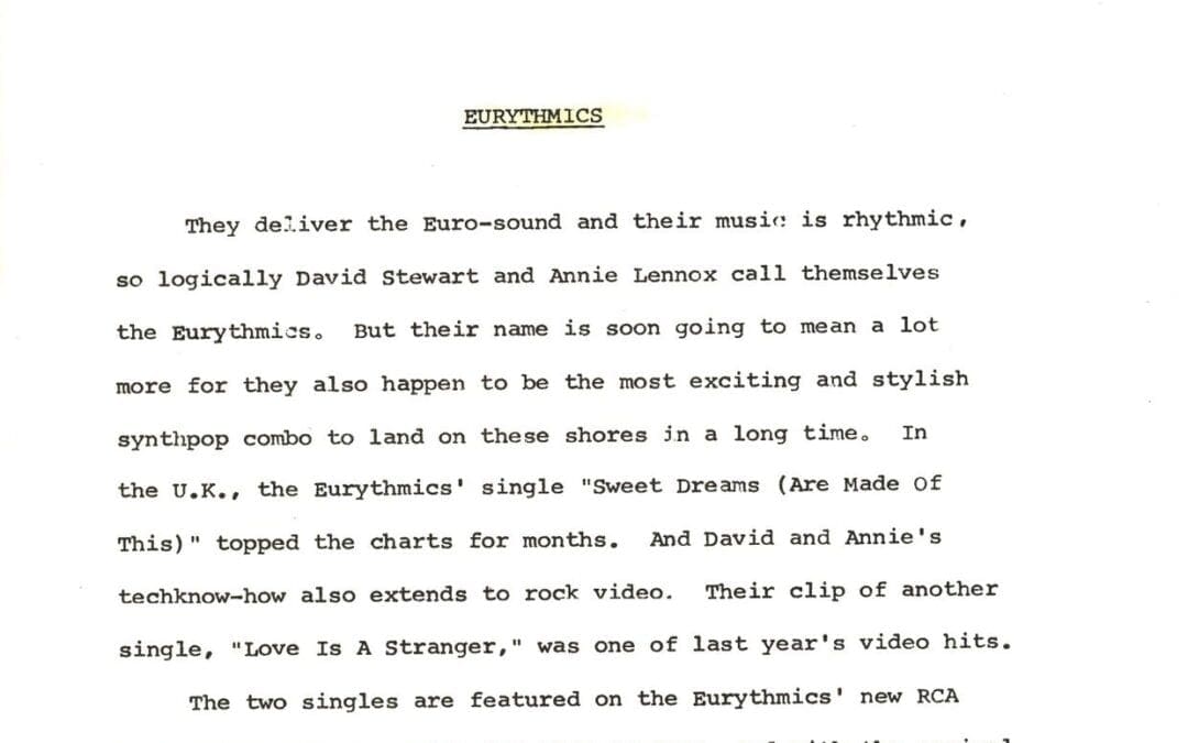 Eurythmics Sweet Dreams 30 Press Kit 1