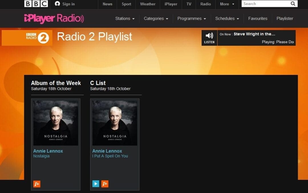 Annie Lennox Nostalgia BBC Radio 2 Album Of The Week